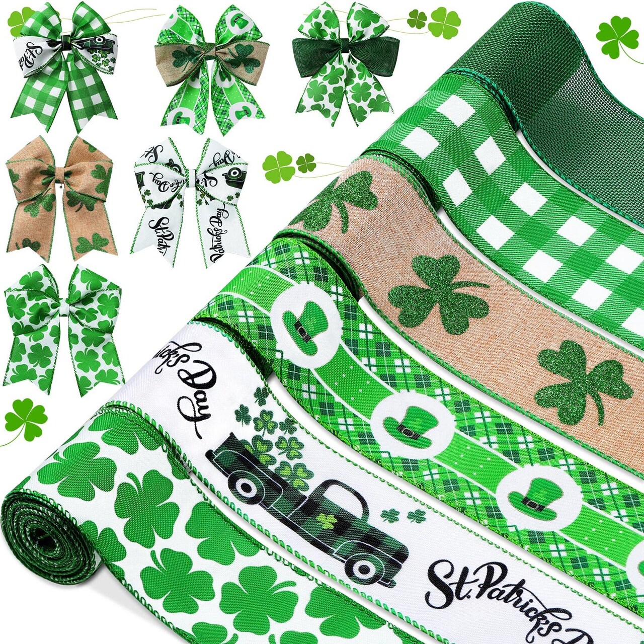 6 Rolls St. Patrick's Day Ribbon 2.5 Inch x 24 Yards Shamrocks Wired Edge Ribbon Green Clover Grosgrain Fabric Ribbons for St Patricks Day Gift Wrapping Wreath DIY Craft Hair Bow and Sewing